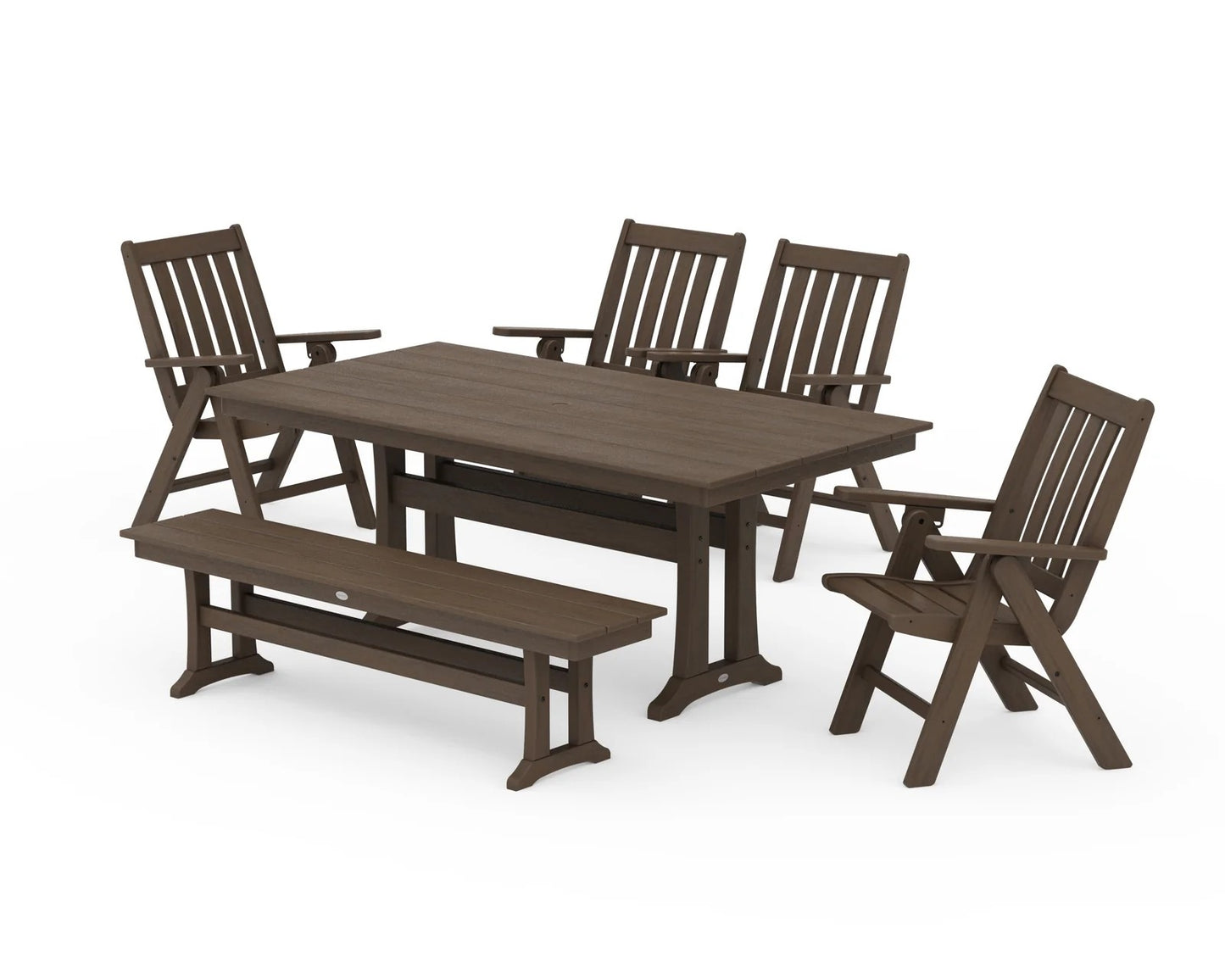 Polywood - Vineyard 6-Piece Folding Chair Farmhouse Dining Set with Trestle Legs & Bench - FREE SHIPPING