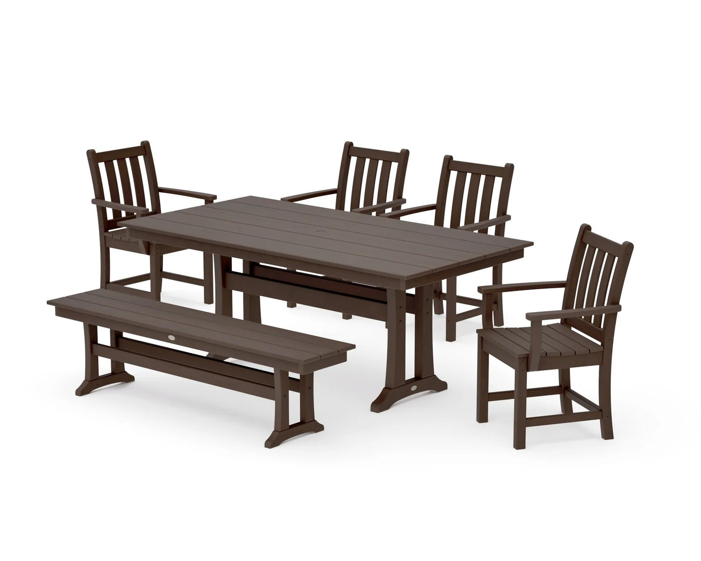 Polywood - Traditional Garden Arm Chair 6-Piece Farmhouse Dining Set with Trestle Legs & Bench - FREE SHIPPING