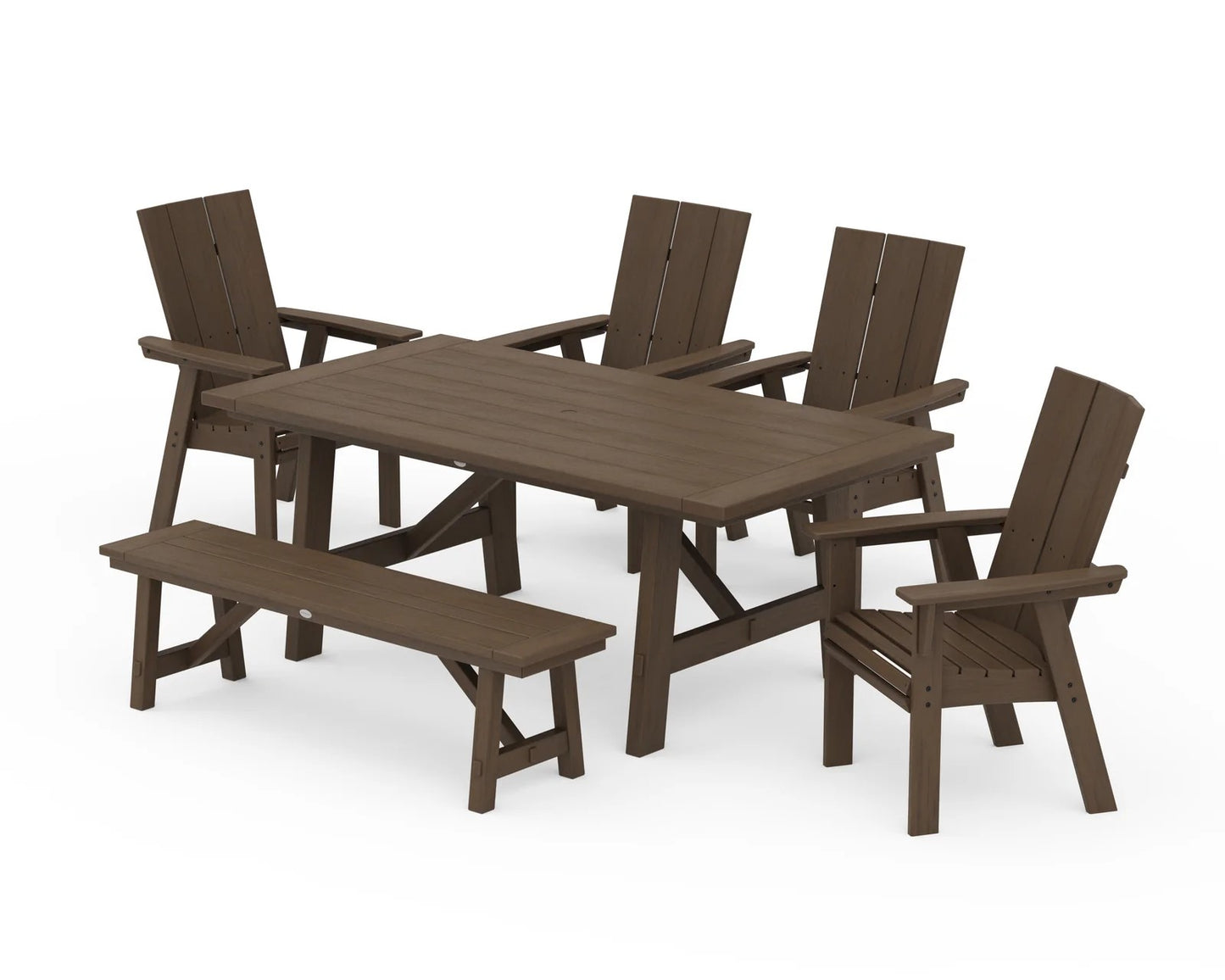 Polywood - Modern Curveback Adirondack 6-Piece Rustic Farmhouse Dining Set with Bench - FREE SHIPPING