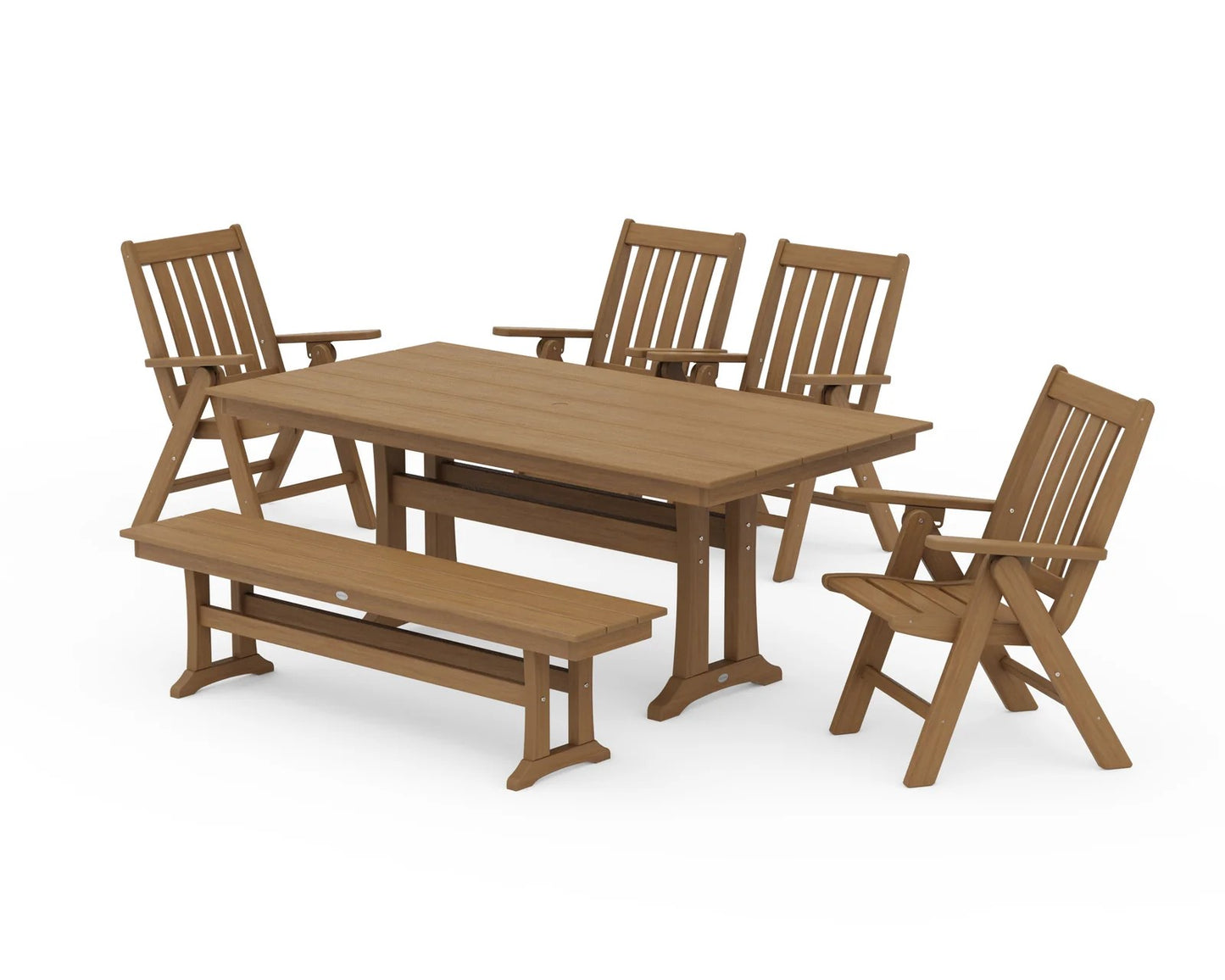 Polywood - Vineyard 6-Piece Folding Chair Farmhouse Dining Set with Trestle Legs & Bench - FREE SHIPPING