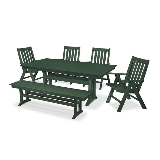 POLYWOOD - Vineyard 6-Piece Folding Chair Farmhouse Dining Set with Trestle Legs & Bench - FREE SHIPPING