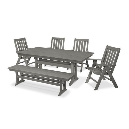 Polywood - Vineyard 6-Piece Folding Chair Farmhouse Dining Set with Trestle Legs & Bench - FREE SHIPPING