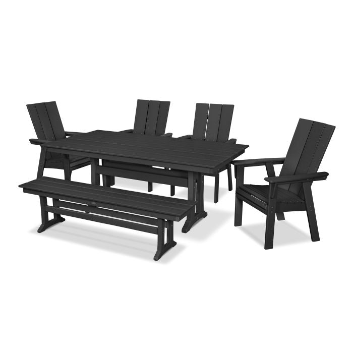 POLYWOOD Modern Curveback Adirondack 6-Piece Farmhouse Dining Set with Trestle Legs and Bench FREE SHIPPING