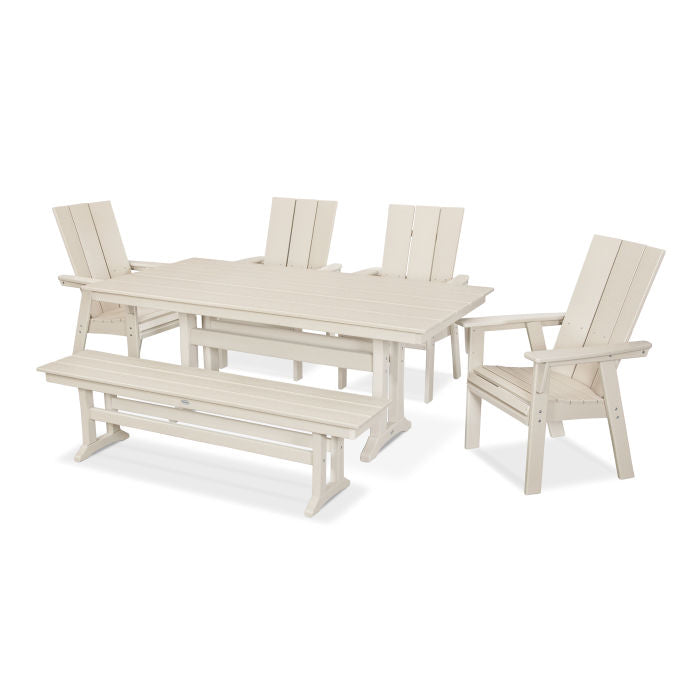 POLYWOOD Modern Curveback Adirondack 6-Piece Farmhouse Dining Set with Trestle Legs and Bench FREE SHIPPING