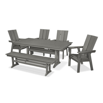 POLYWOOD Modern Curveback Adirondack 6-Piece Farmhouse Dining Set with Trestle Legs and Bench FREE SHIPPING