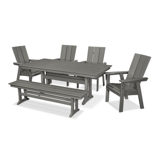 Polywood - Modern Curveback Adirondack 6-Piece Farmhouse Dining Set with Trestle Legs & Bench - FREE SHIPPING