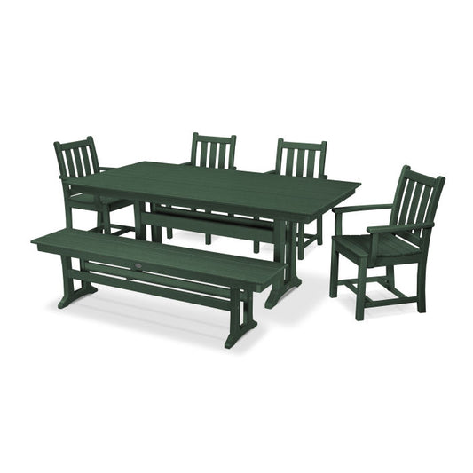 POLYWOOD - Traditional Garden Arm Chair 6-Piece Farmhouse Dining Set with Trestle Legs & Bench - FREE SHIPPING