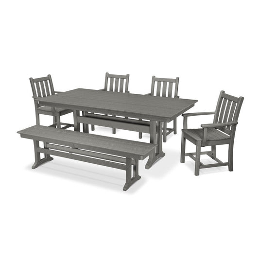 Polywood - Traditional Garden Arm Chair 6-Piece Farmhouse Dining Set with Trestle Legs & Bench - FREE SHIPPING
