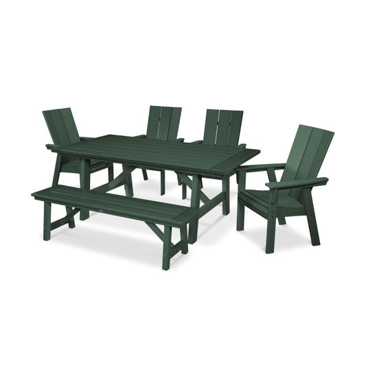 POLYWOOD - Modern Curveback Adirondack 6-Piece Rustic Farmhouse Dining Set with Bench - FREE SHIPPING