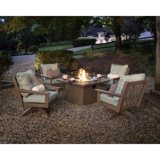 POLYWOOD  Vineyard 5-Piece Deep Seating Swivel Conversation Set with Fire Pit Table                                                      FREE SHIPPING