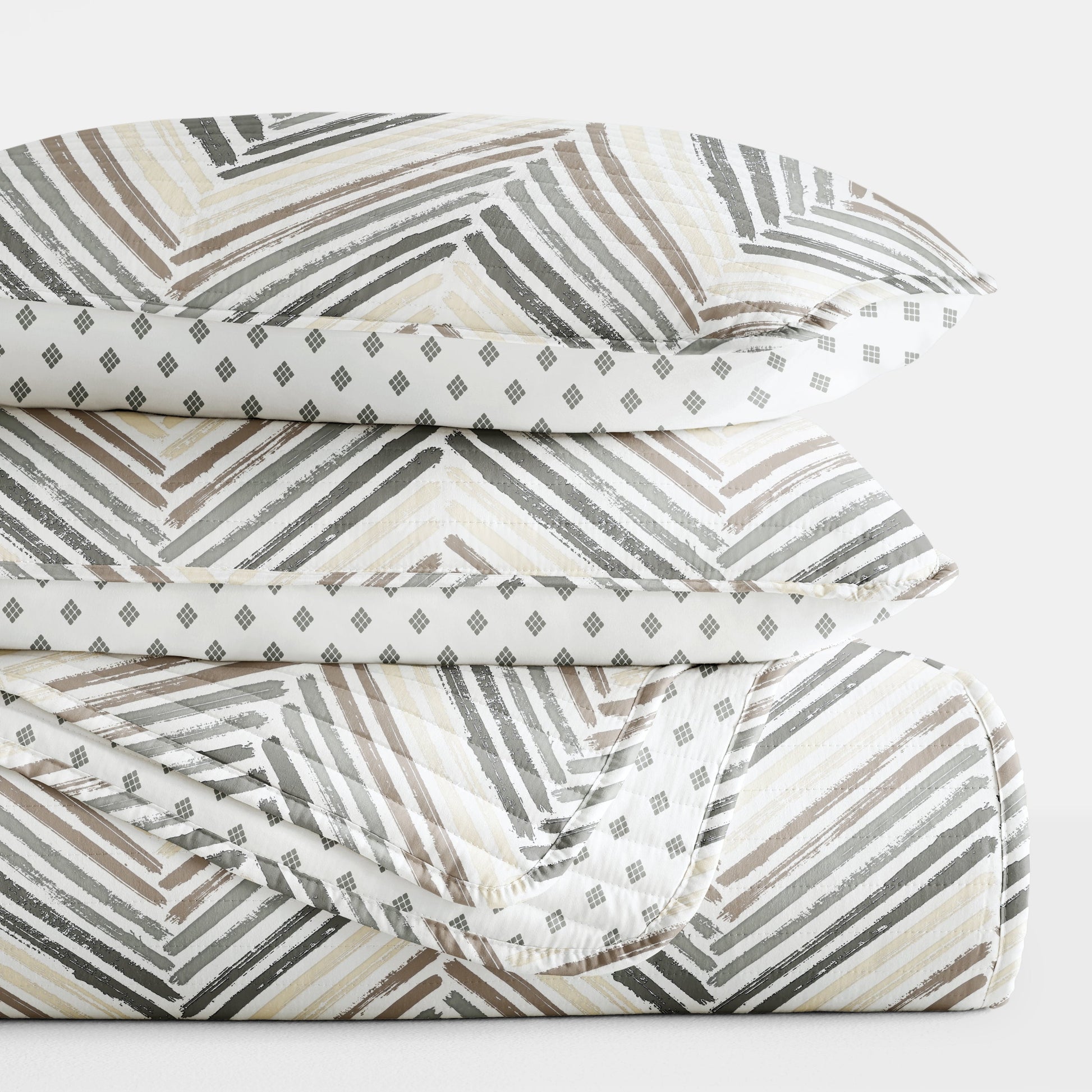 Painted Chevron Patterned Reversible Quilted Coverlet Set