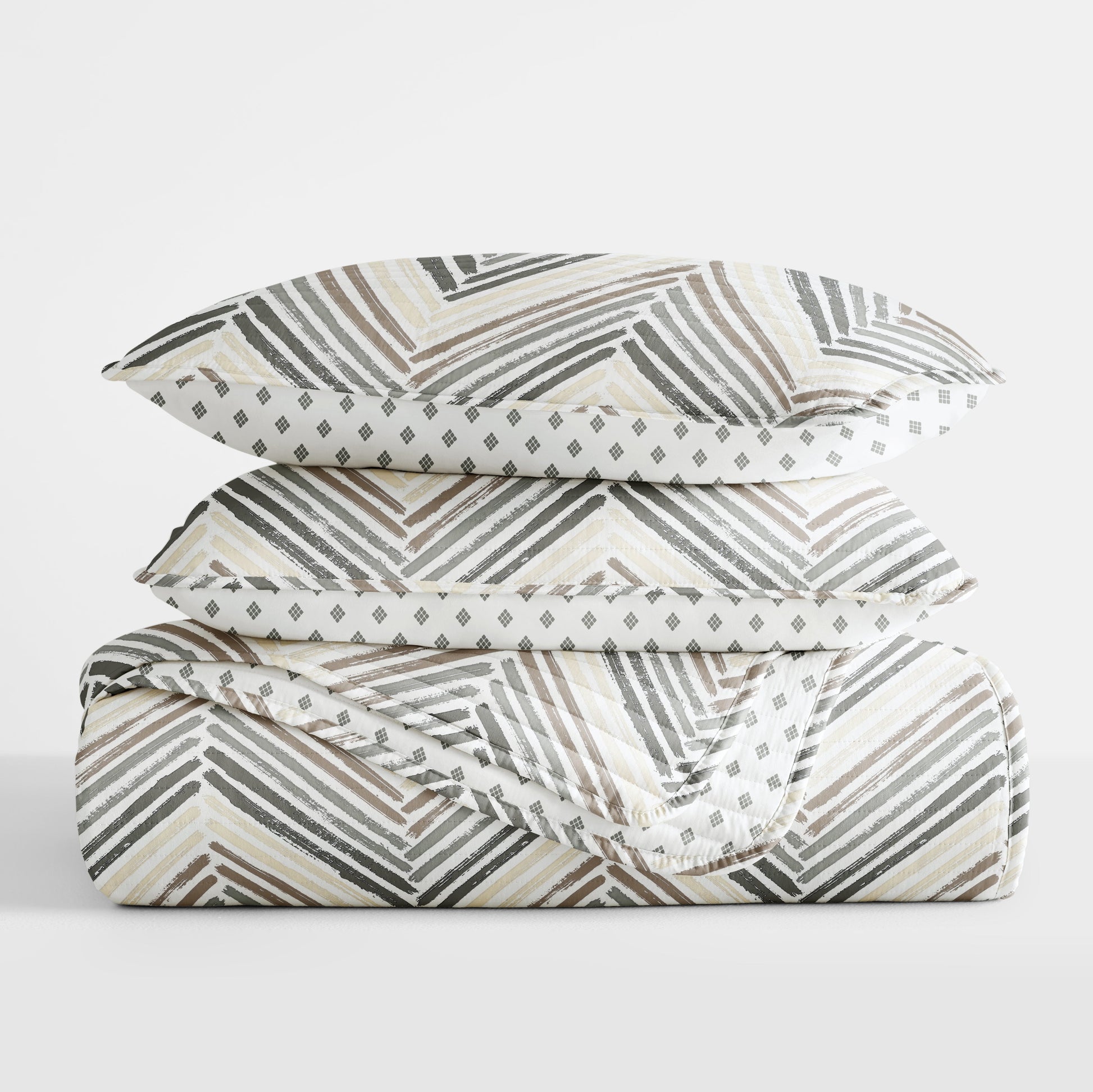 Painted Chevron Patterned Reversible Quilted Coverlet Set