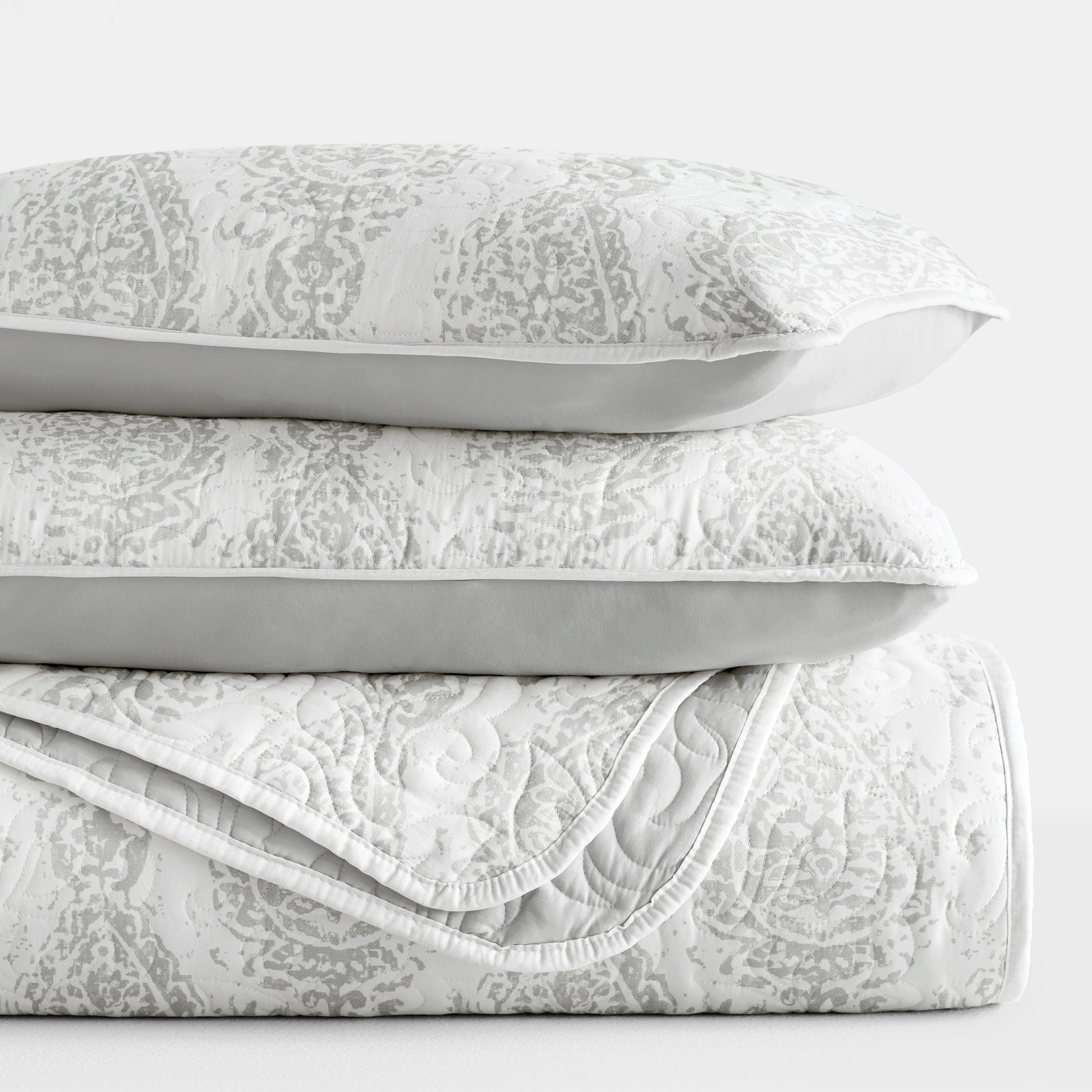 Classic Damask Patterned Reversible Quilted Coverlet Set