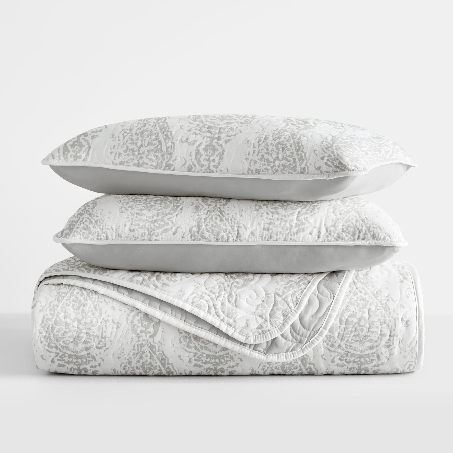 Classic Damask Patterned Reversible Quilted Coverlet Set