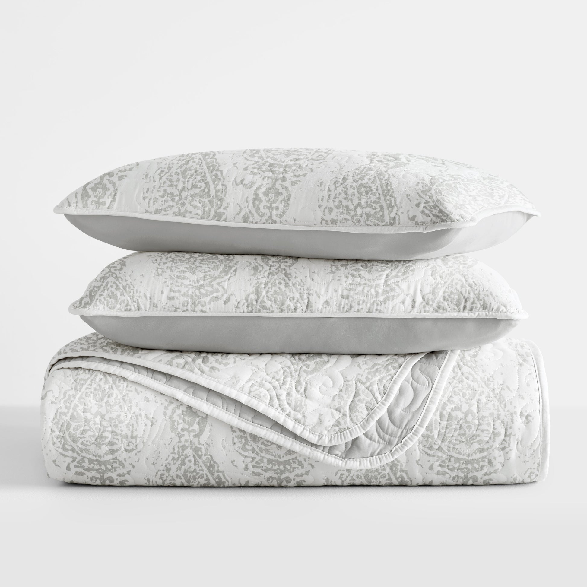 Classic Damask Patterned Reversible Quilted Coverlet Set