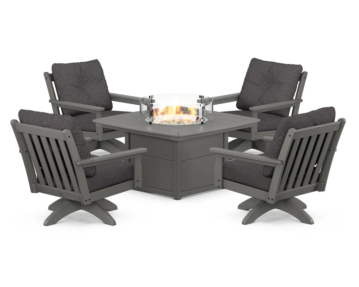 POLYWOOD  Vineyard 5-Piece Deep Seating Swivel Conversation Set with Fire Pit Table                                                      FREE SHIPPING