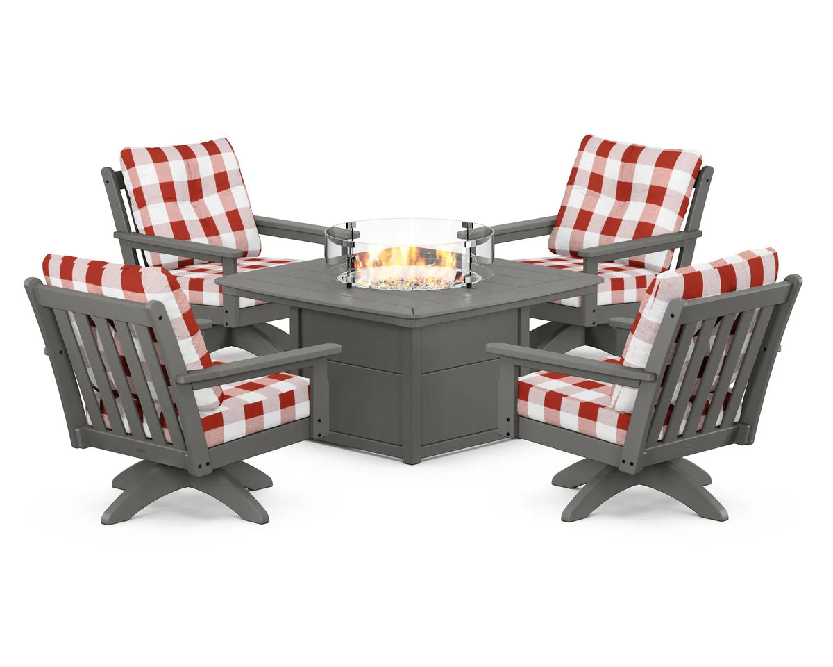 POLYWOOD  Vineyard 5-Piece Deep Seating Swivel Conversation Set with Fire Pit Table                                                      FREE SHIPPING