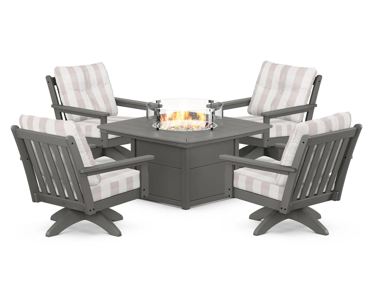 POLYWOOD  Vineyard 5-Piece Deep Seating Swivel Conversation Set with Fire Pit Table                                                      FREE SHIPPING