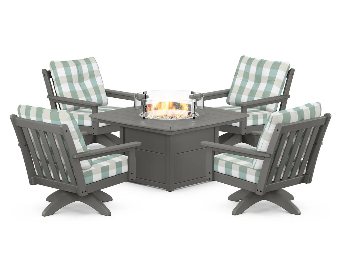 POLYWOOD  Vineyard 5-Piece Deep Seating Swivel Conversation Set with Fire Pit Table                                                      FREE SHIPPING