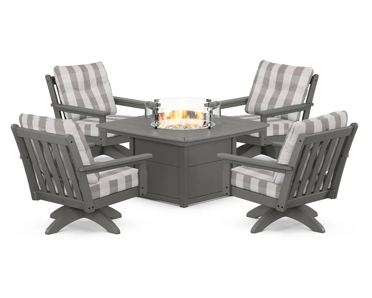 POLYWOOD  Vineyard 5-Piece Deep Seating Swivel Conversation Set with Fire Pit Table                                                      FREE SHIPPING