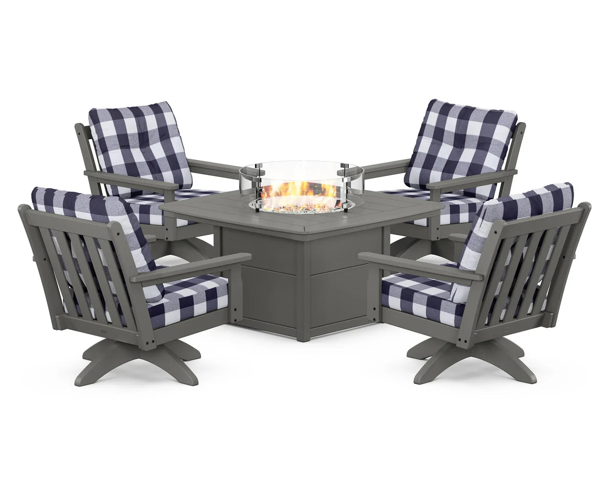 POLYWOOD  Vineyard 5-Piece Deep Seating Swivel Conversation Set with Fire Pit Table                                                      FREE SHIPPING