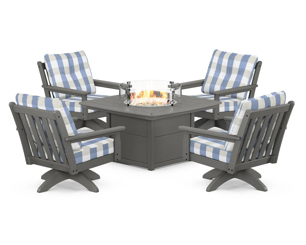 POLYWOOD  Vineyard 5-Piece Deep Seating Swivel Conversation Set with Fire Pit Table                                                      FREE SHIPPING