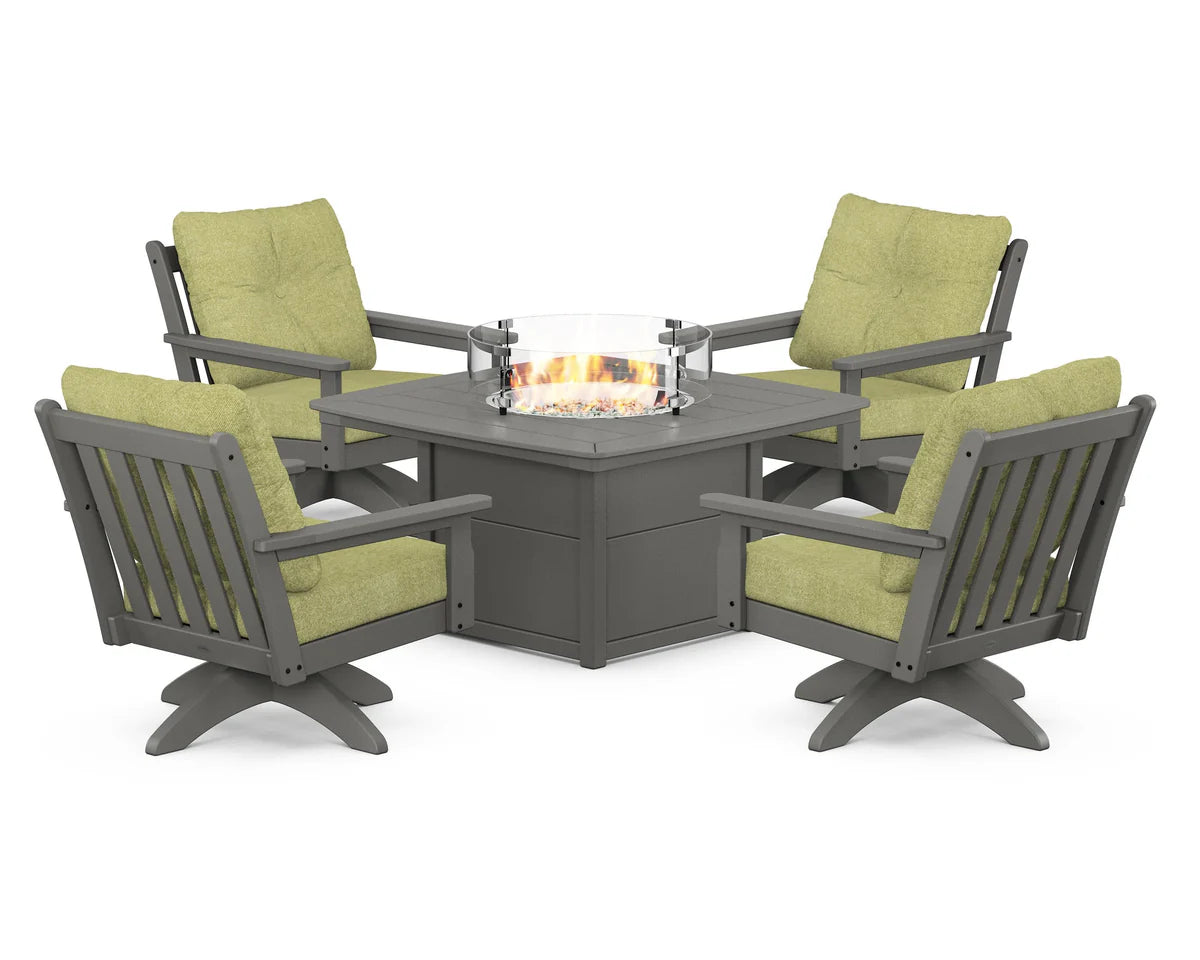 POLYWOOD  Vineyard 5-Piece Deep Seating Swivel Conversation Set with Fire Pit Table                                                      FREE SHIPPING