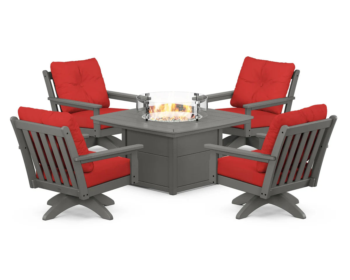 POLYWOOD  Vineyard 5-Piece Deep Seating Swivel Conversation Set with Fire Pit Table                                                      FREE SHIPPING
