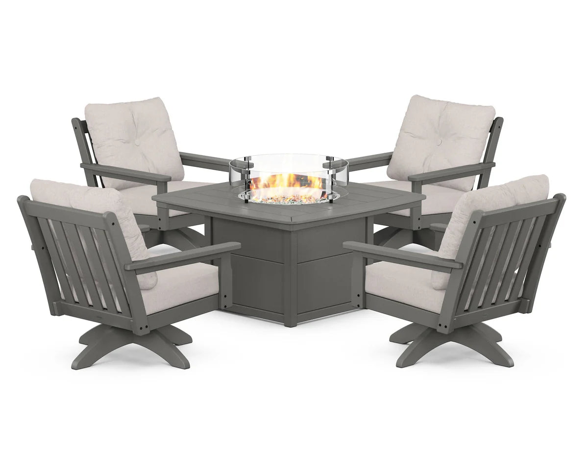 POLYWOOD  Vineyard 5-Piece Deep Seating Swivel Conversation Set with Fire Pit Table                                                      FREE SHIPPING