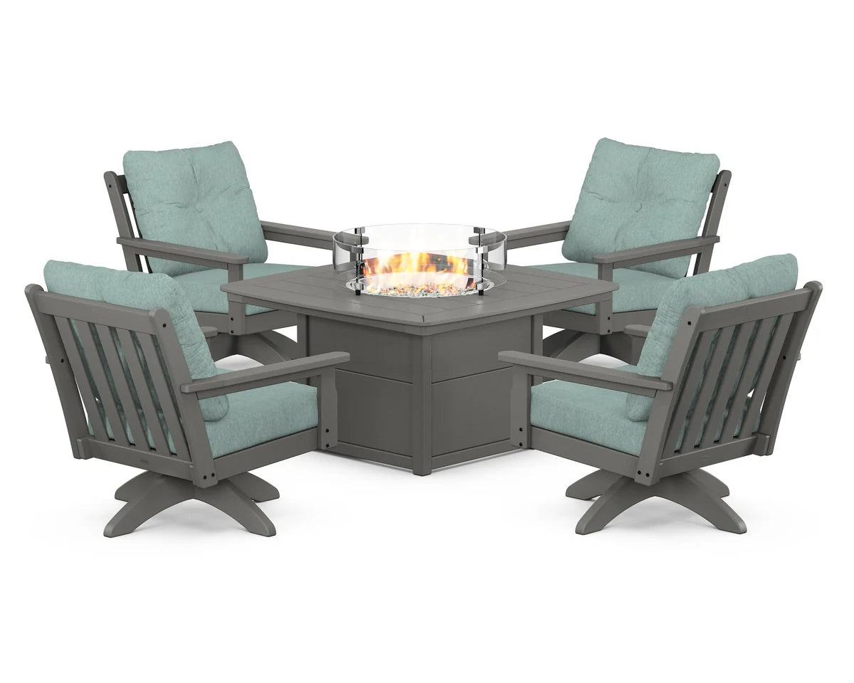 POLYWOOD  Vineyard 5-Piece Deep Seating Swivel Conversation Set with Fire Pit Table                                                      FREE SHIPPING