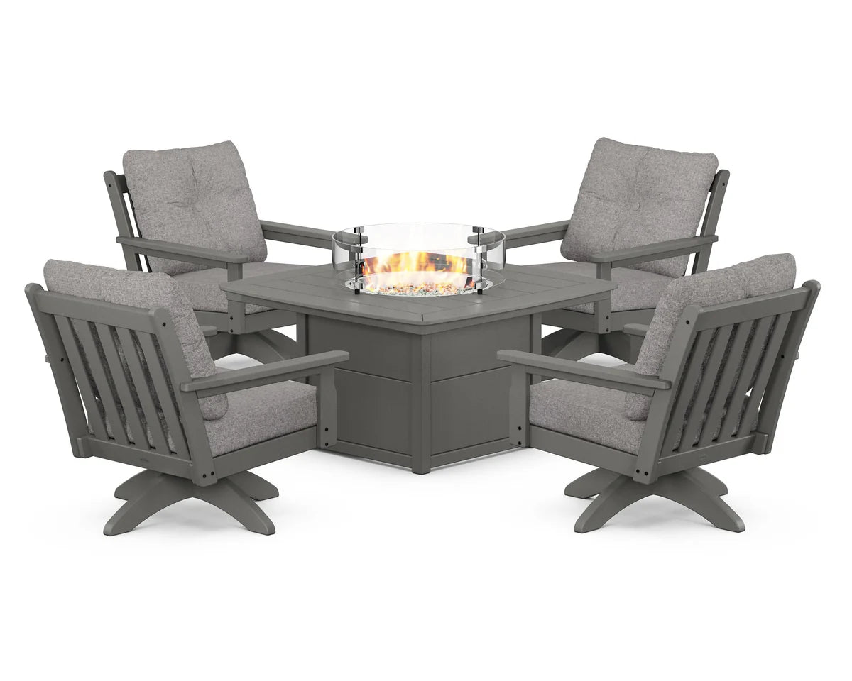 POLYWOOD  Vineyard 5-Piece Deep Seating Swivel Conversation Set with Fire Pit Table                                                      FREE SHIPPING