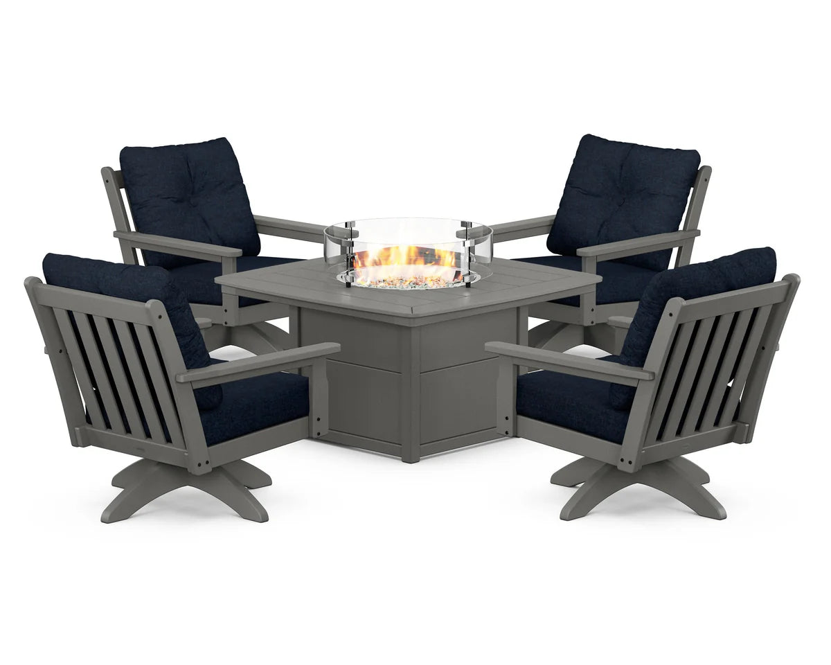 POLYWOOD  Vineyard 5-Piece Deep Seating Swivel Conversation Set with Fire Pit Table                                                      FREE SHIPPING