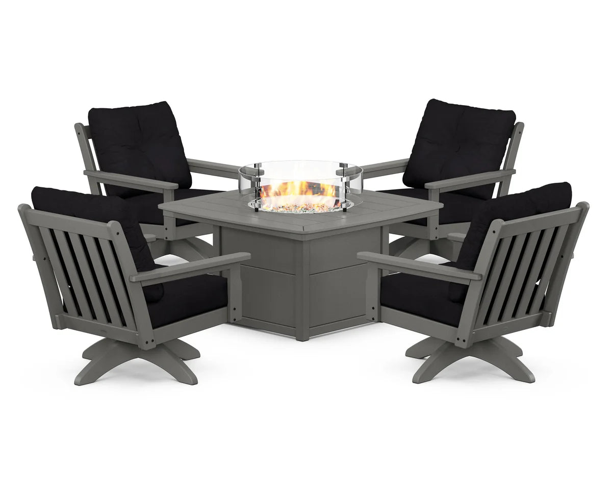 POLYWOOD  Vineyard 5-Piece Deep Seating Swivel Conversation Set with Fire Pit Table                                                      FREE SHIPPING