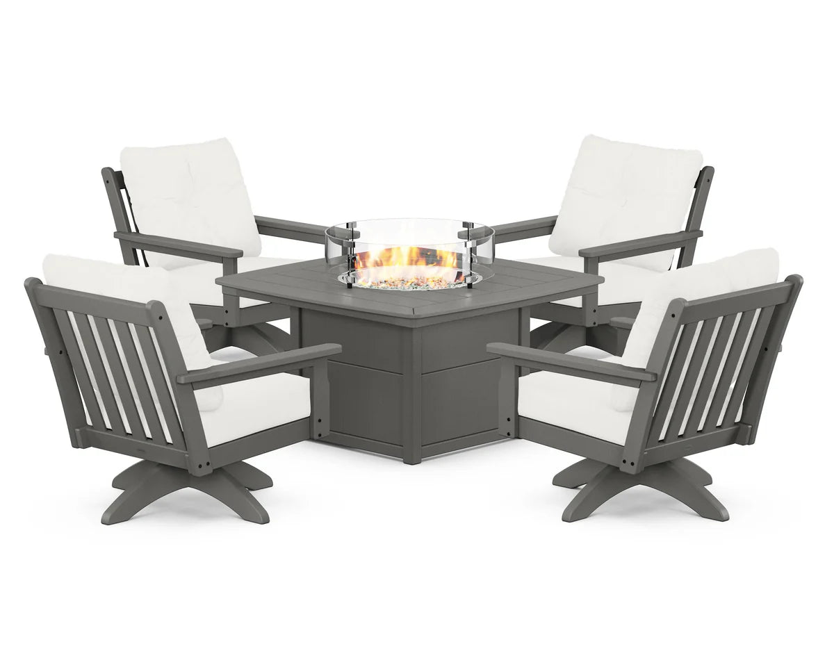 POLYWOOD  Vineyard 5-Piece Deep Seating Swivel Conversation Set with Fire Pit Table                                                      FREE SHIPPING