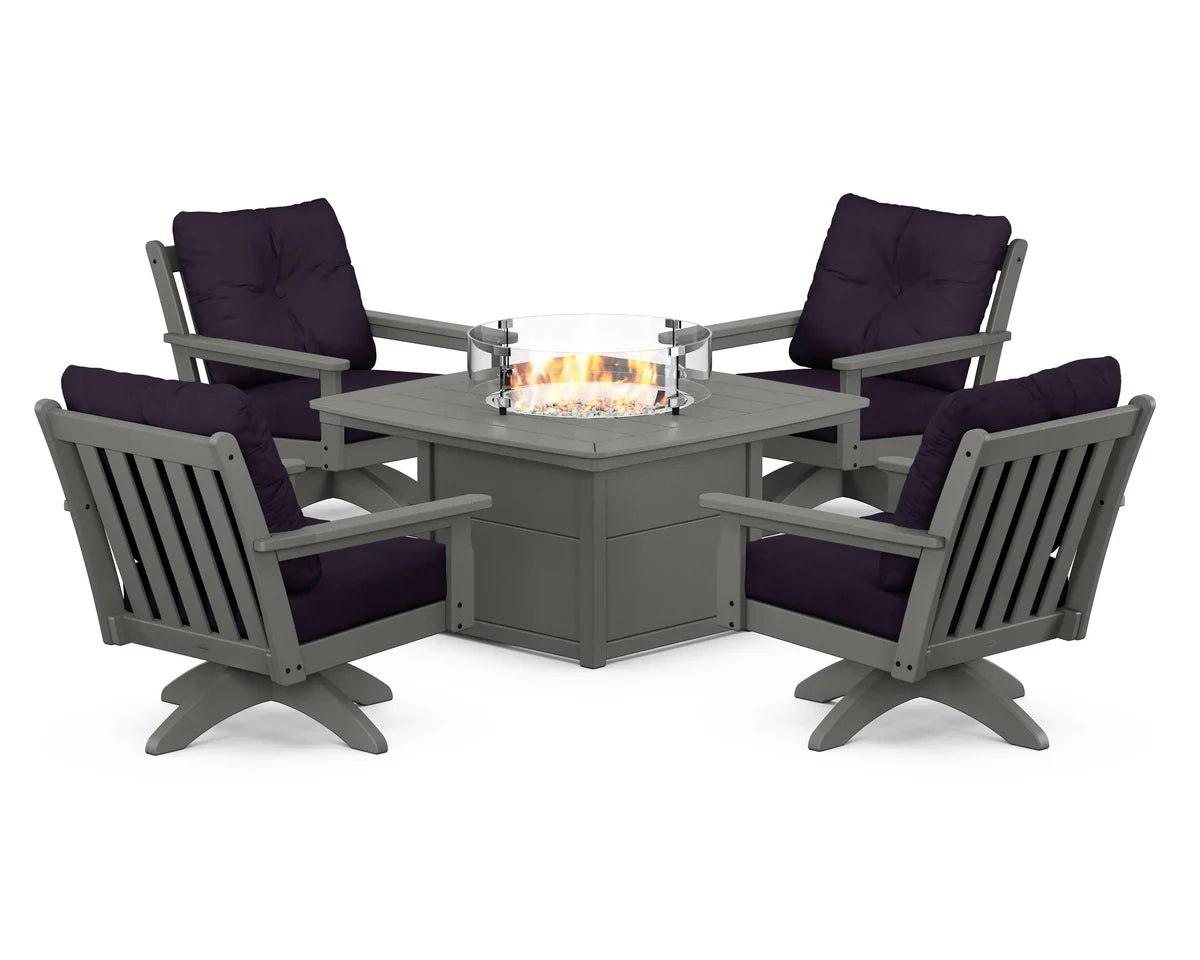 POLYWOOD  Vineyard 5-Piece Deep Seating Swivel Conversation Set with Fire Pit Table                                                      FREE SHIPPING