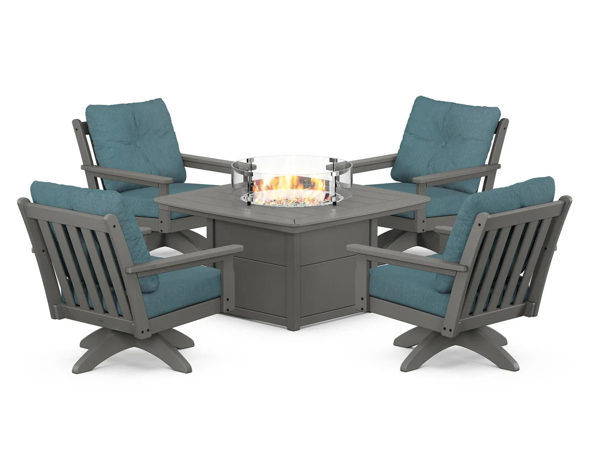 POLYWOOD  Vineyard 5-Piece Deep Seating Swivel Conversation Set with Fire Pit Table                                                      FREE SHIPPING