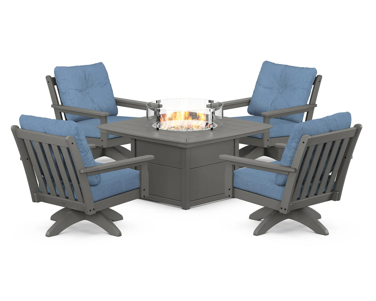 POLYWOOD  Vineyard 5-Piece Deep Seating Swivel Conversation Set with Fire Pit Table                                                      FREE SHIPPING