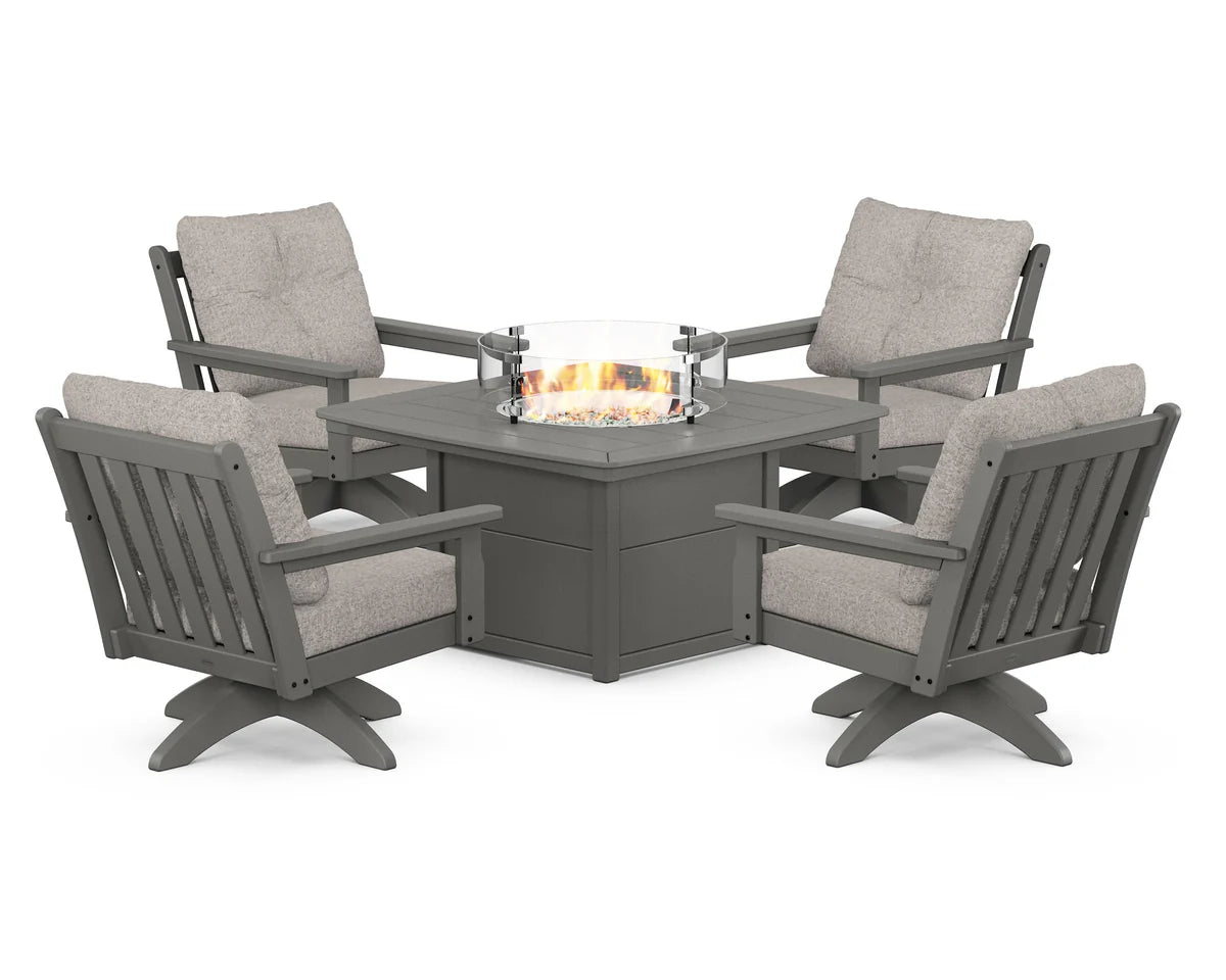 POLYWOOD  Vineyard 5-Piece Deep Seating Swivel Conversation Set with Fire Pit Table                                                      FREE SHIPPING