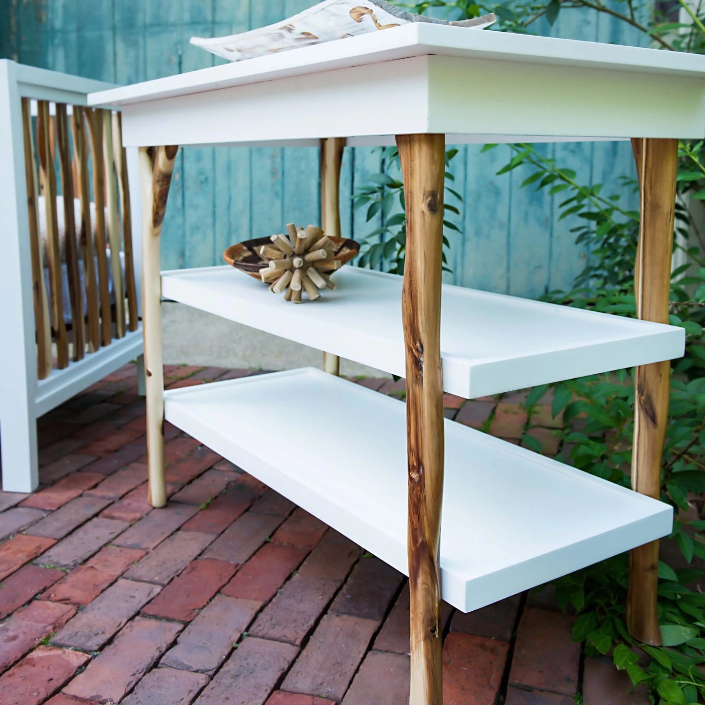 Branch Open Shelf Changing Table in Acacia w/ Snow