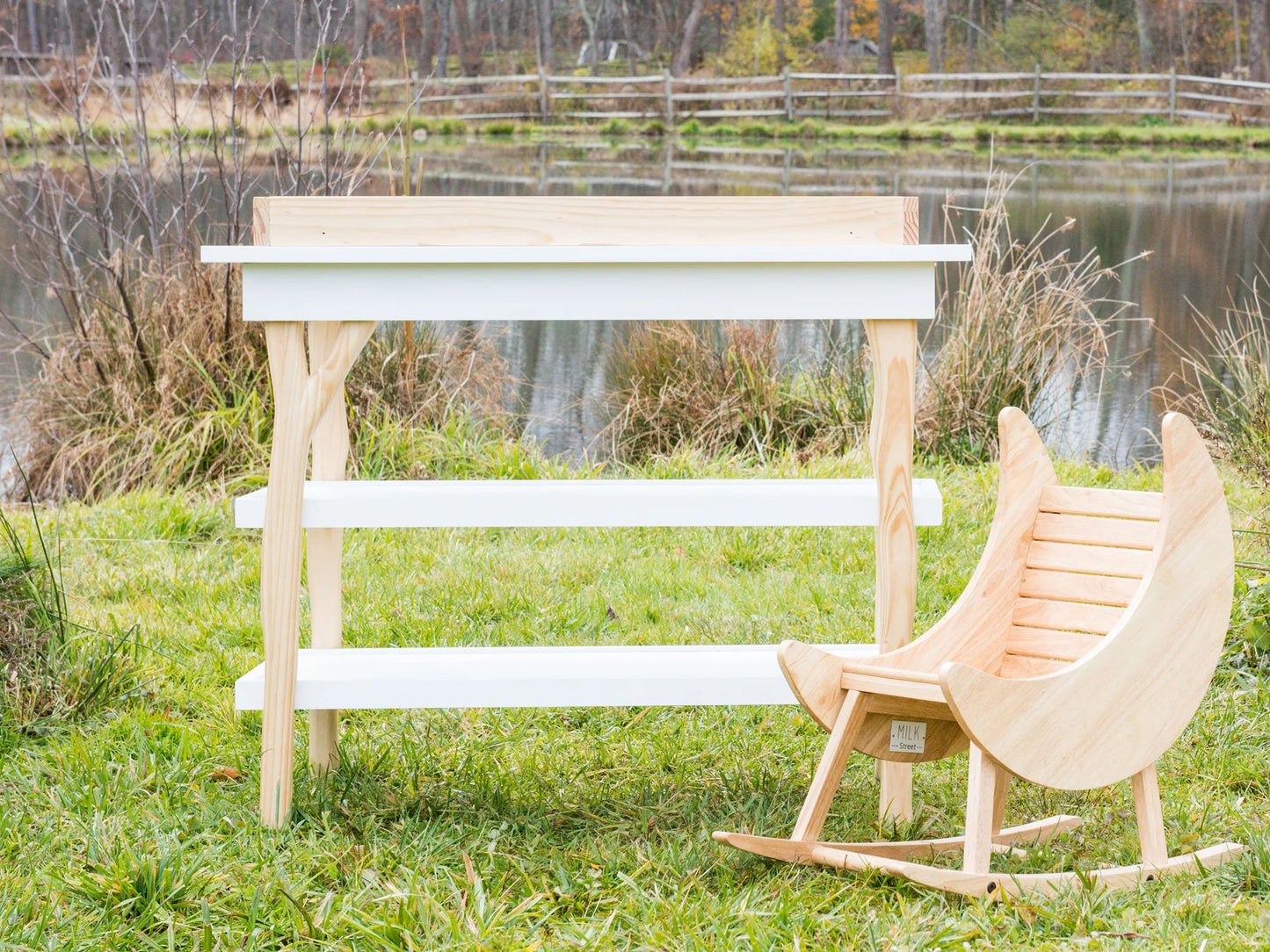 Branch Open Shelf Changing Table in Acacia w/ Snow