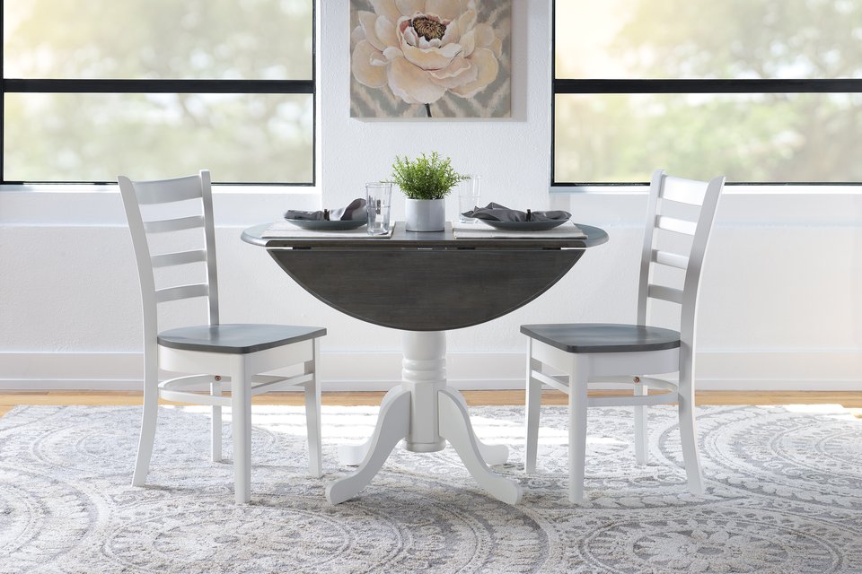 Dining Essentials - Round Drop Leaf Pedestal Table in Heather Gray & White