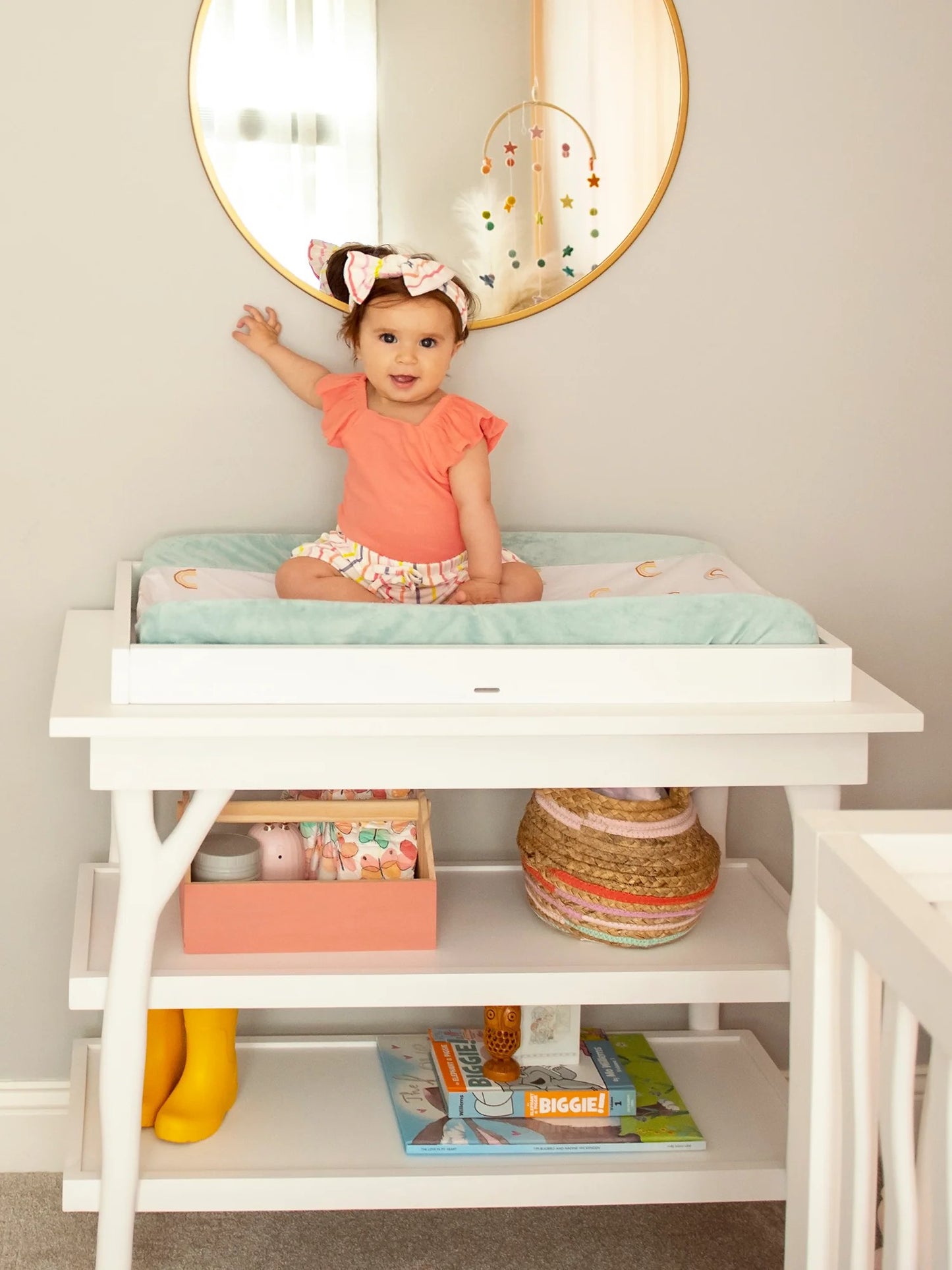 Branch Open Shelf Changing Table in Acacia w/ Snow