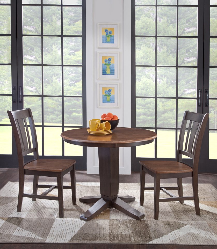 Dining Essentials - 30" Round Solid Top w/ 30" H Aria Pedestal in Hickory & Coal