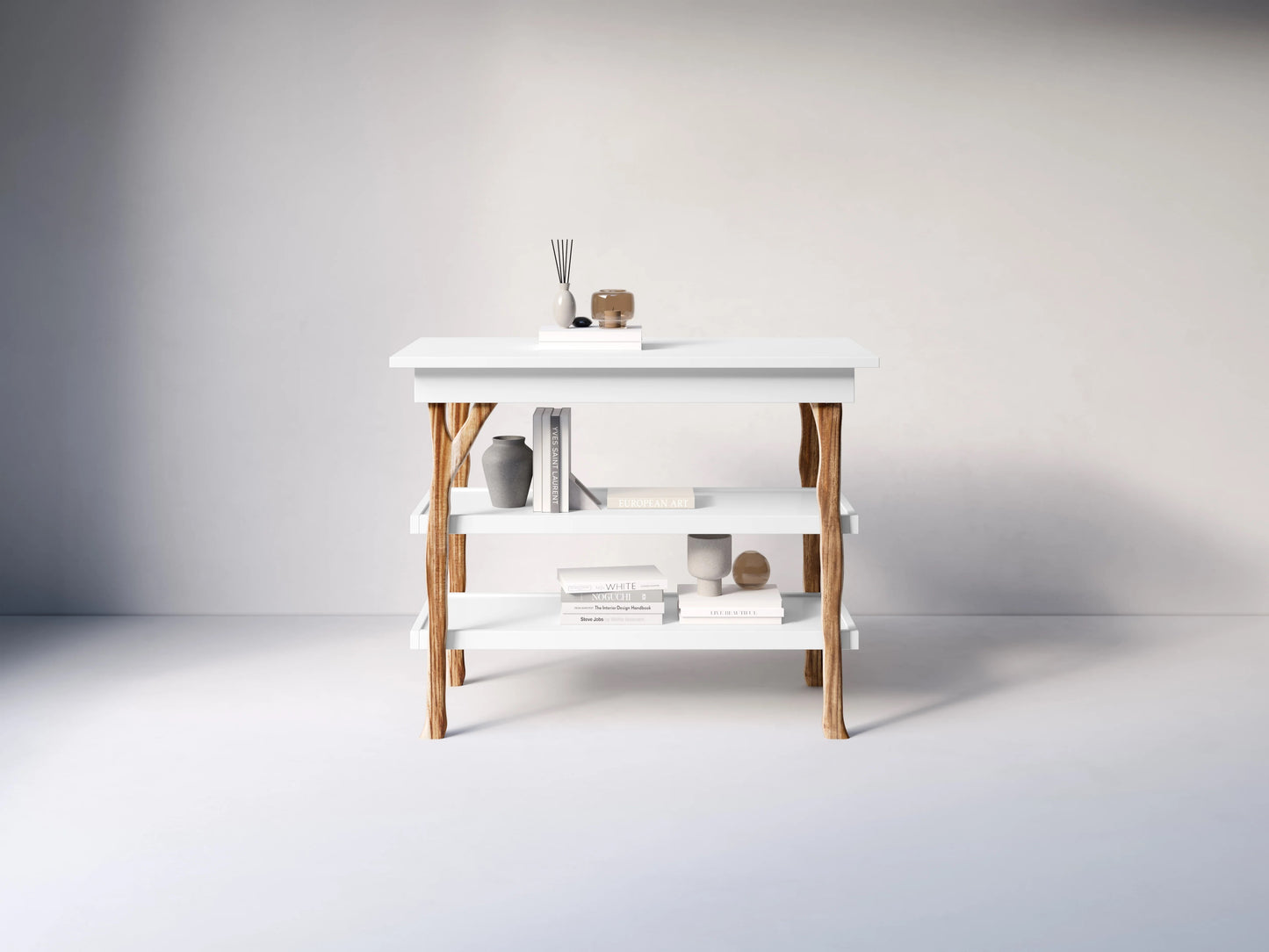 Branch Open Shelf Changing Table in Acacia w/ Snow