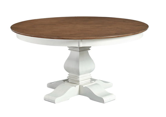 Vista - 60" Round Table Top w/ Banks Pedestal Base in Hickory & Shell