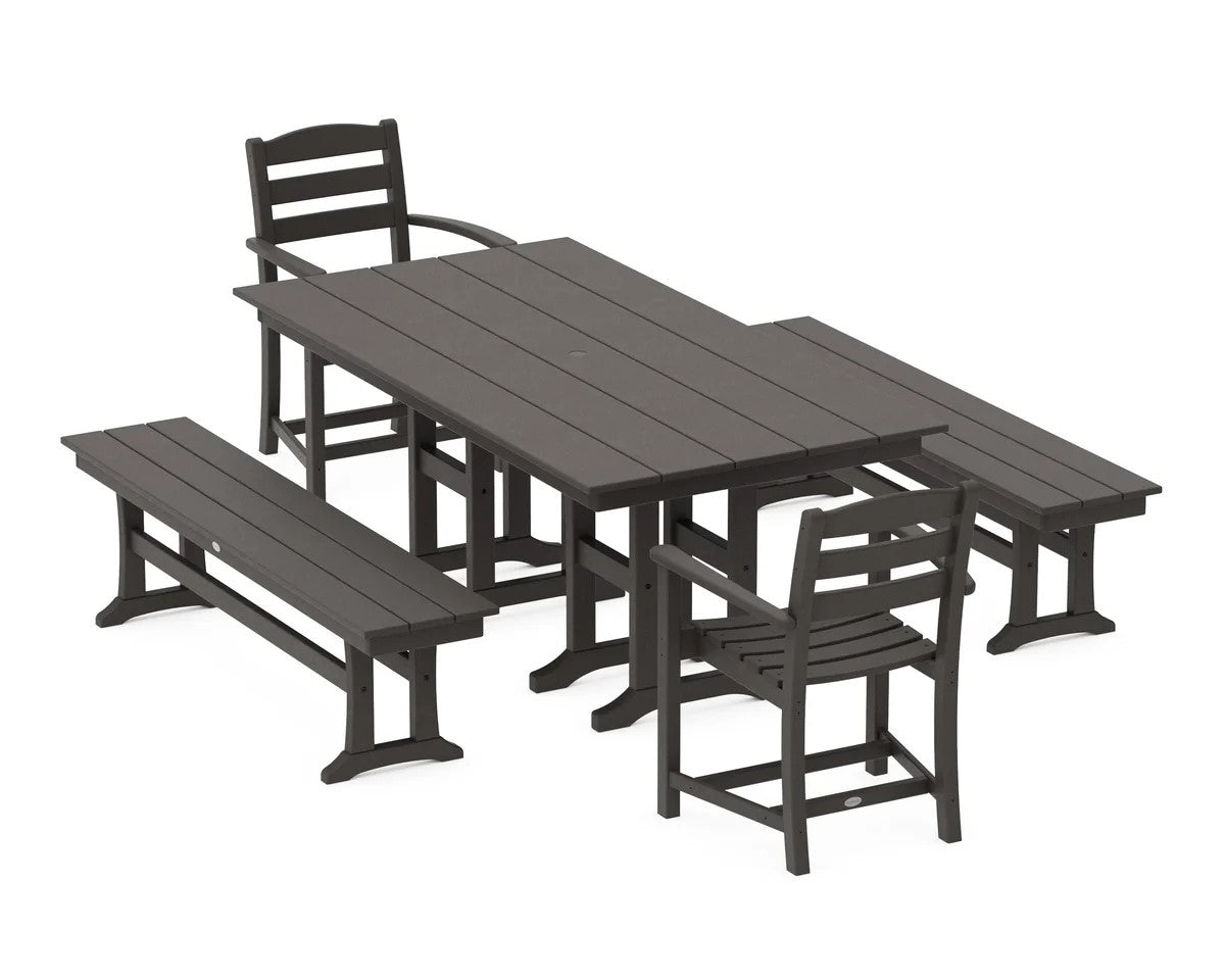 Polywood - La Casa Café 5-Piece Farmhouse Dining Set with Benches - FREE SHIPPING