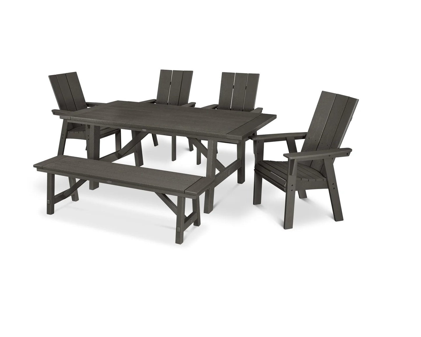 Polywood - Modern Curveback Adirondack 6-Piece Rustic Farmhouse Dining Set with Bench - FREE SHIPPING