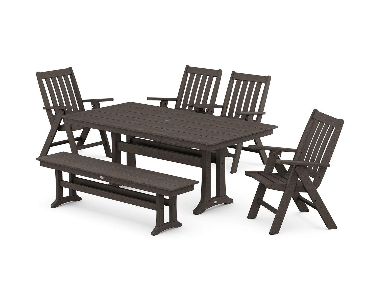 Polywood - Vineyard 6-Piece Folding Chair Farmhouse Dining Set with Trestle Legs & Bench - FREE SHIPPING