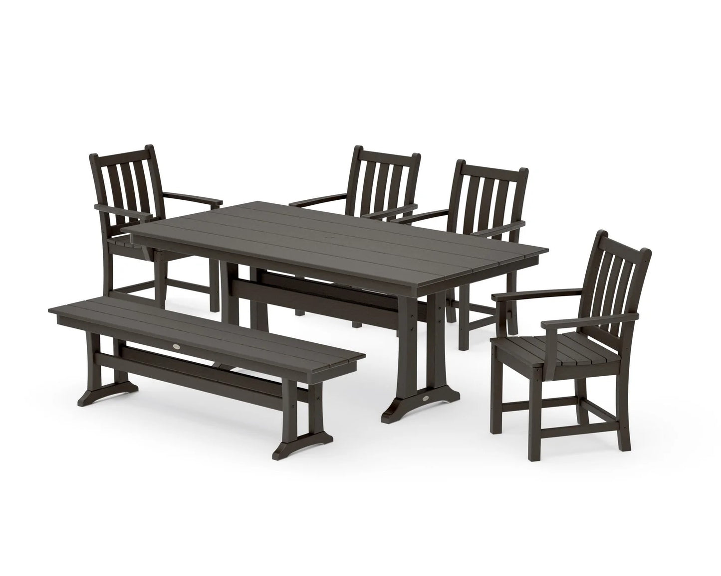 Polywood - Traditional Garden Arm Chair 6-Piece Farmhouse Dining Set with Trestle Legs & Bench - FREE SHIPPING