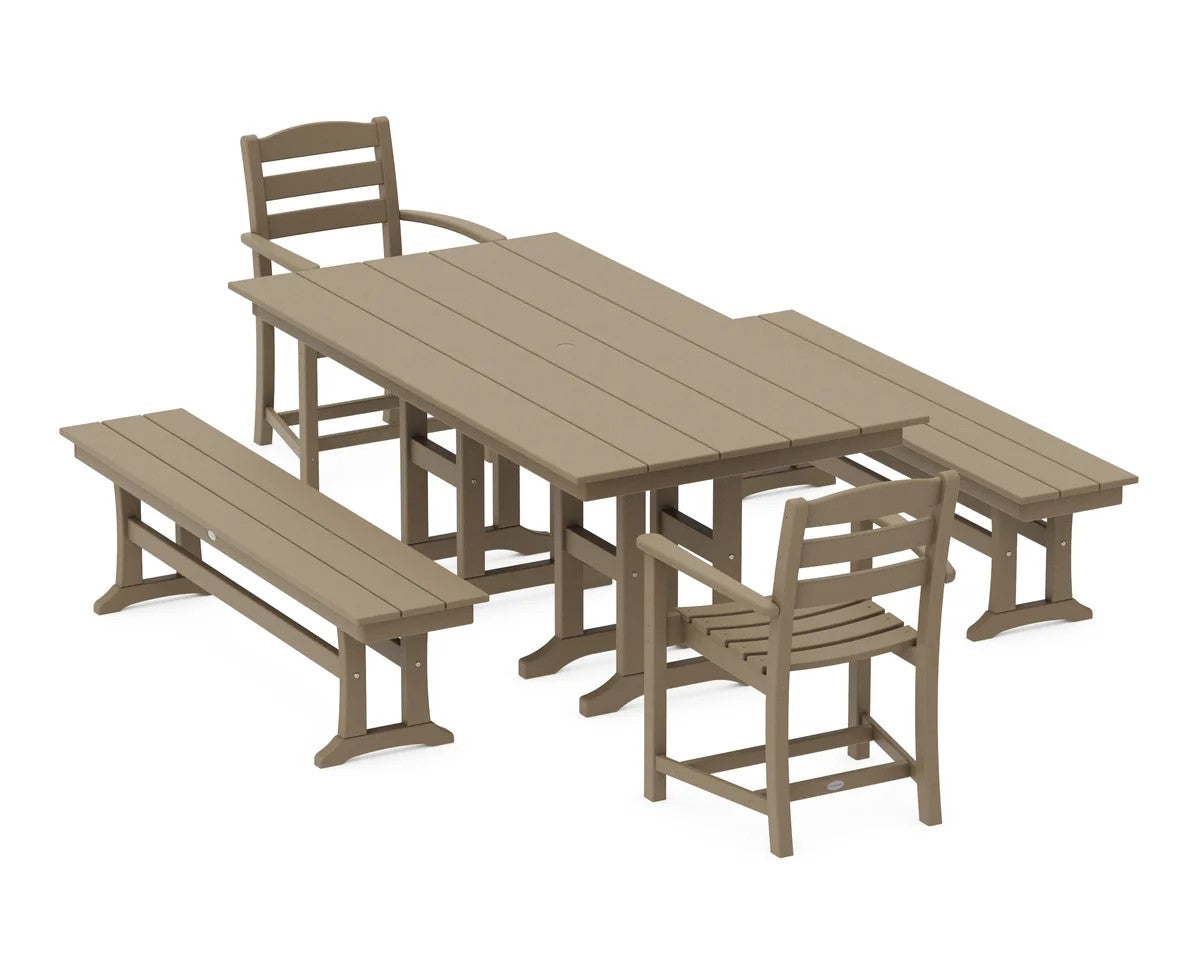 Polywood - La Casa Café 5-Piece Farmhouse Dining Set with Benches - FREE SHIPPING
